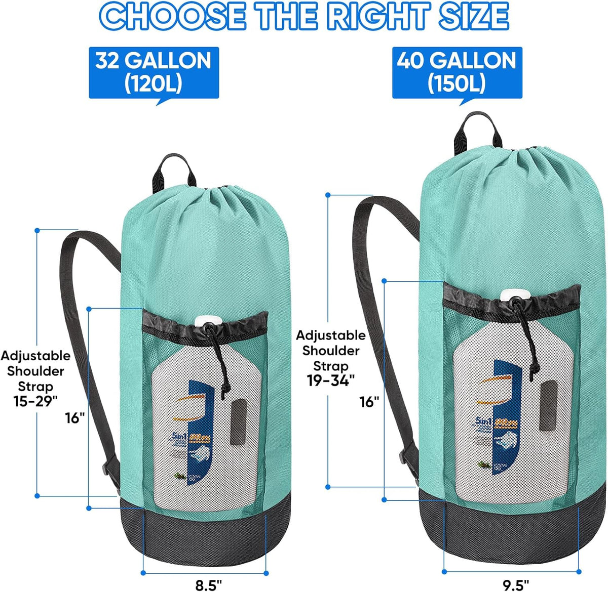BALEINE 150L Laundry Bag Backpack, 900D Oxford Fabric Large Travel Laundry Bags with Shoulder Straps and 2 Mesh Pockets for College Dorm, Apartment, Laundromat (Sky Blue, 150L)