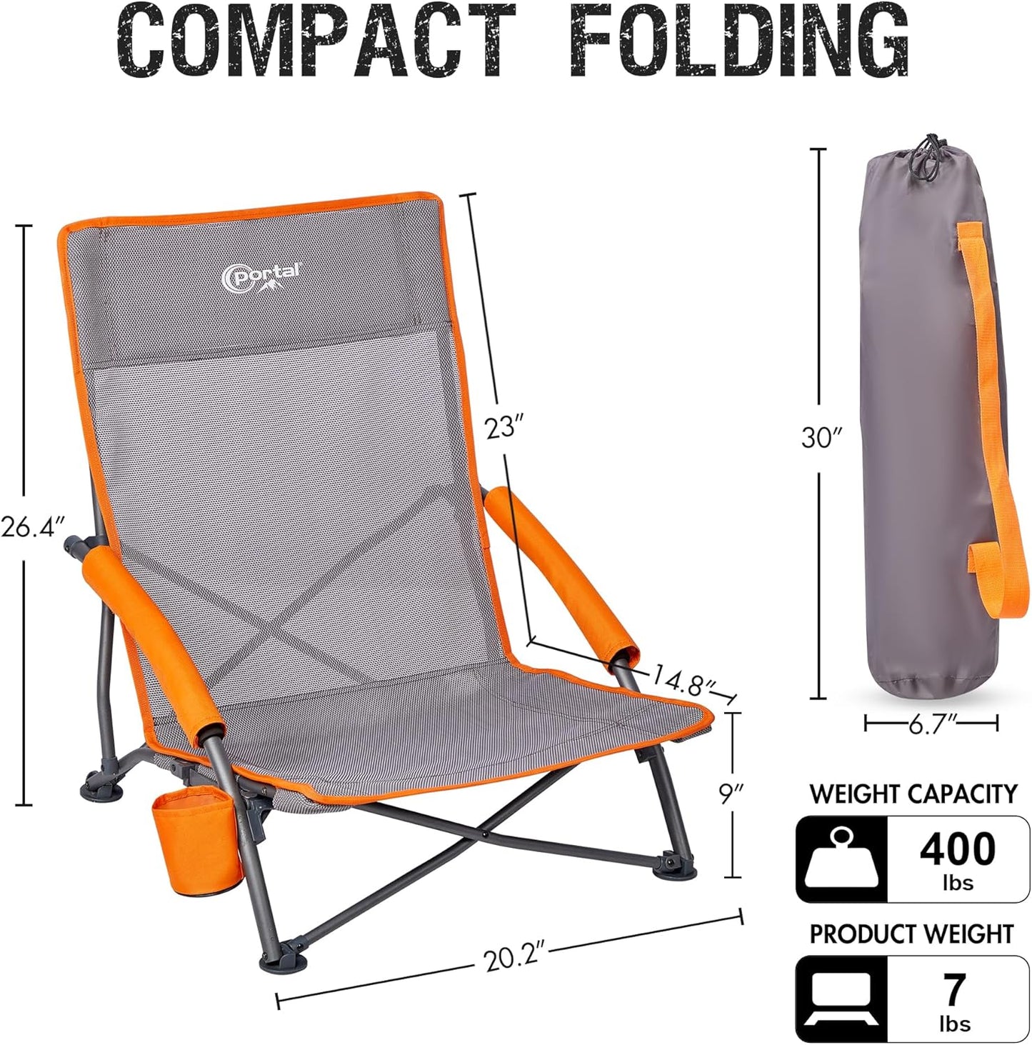 PORTAL Beach Chairs for Adults Camping Low Lightweight Portable Chair with Cup Holder Mesh Back Carry Bag for Outdoor Sand Lawn Travel Picnic Festival Concert, 350LBS