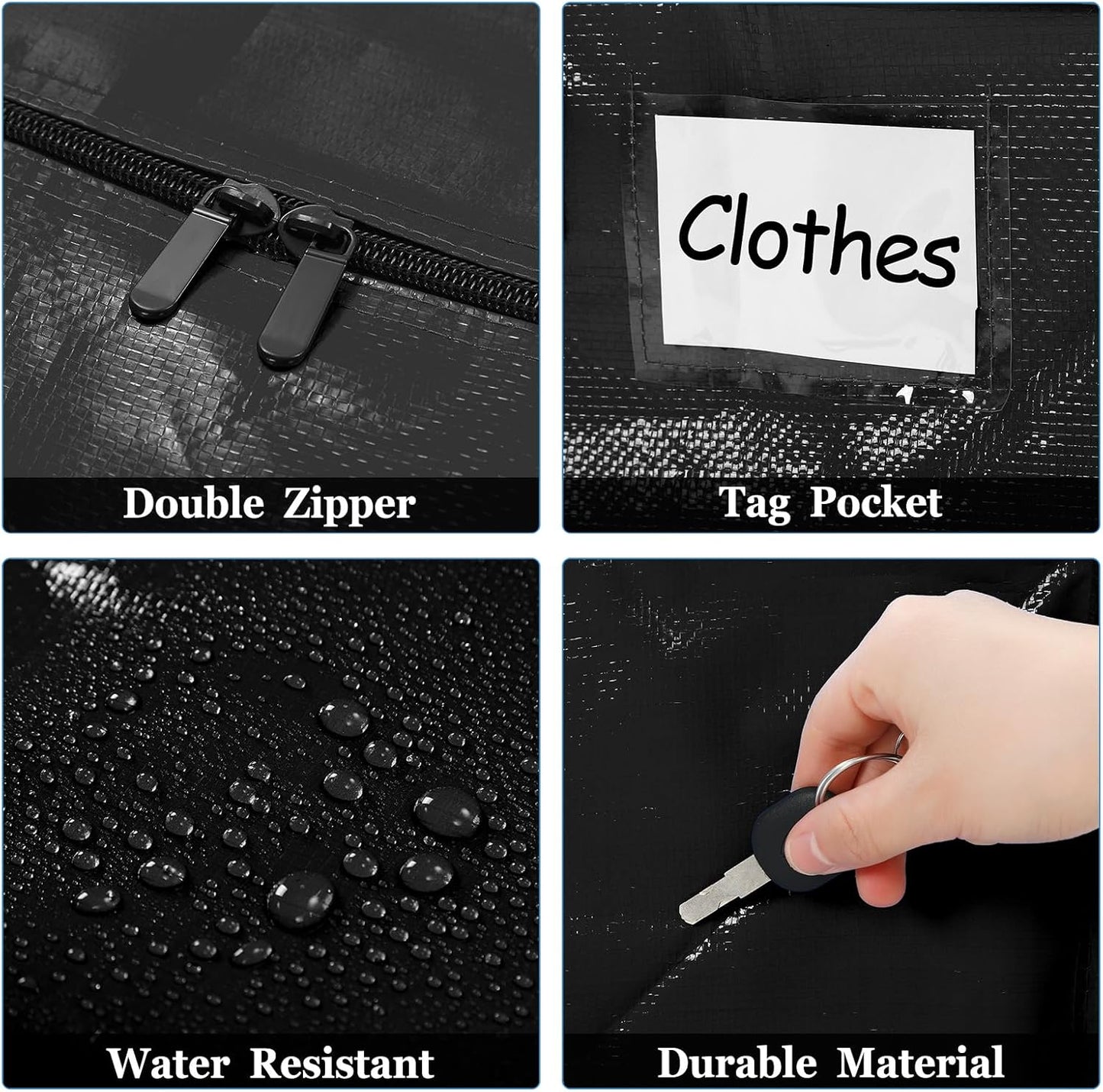 4 Pcs 24 Gallon Large Moving Bags with Zipper and Handles Foldable Storage Duffle Bags Heavy Duty Extra Large Totes for College Dorm Travel Clothes Blankets Bedding Moving (Black)