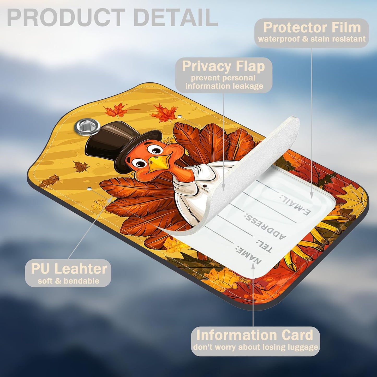 2 Pcs Autumn Turkey Luggage Tags for Suitcases PU Leather Baggage Tags Name ID Label with Privacy Cover and Stainless Steel Loop for Men Women Travel Bag Suitcase