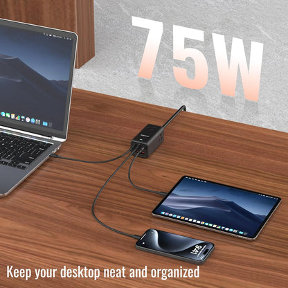 NENJI 75W GaN USB-C Super Fast Charging Station, 8-in-1 Power Strip with 5 USB & 3 AC Ports, Smart Charging, Fast PD Charger for iPhone, Samsung, iPad, MacBook – Desktop & Travel-Friendly – Black