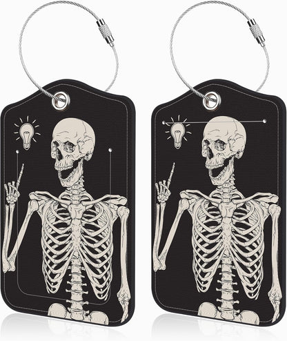 2 Pcs Human Skeleton Luggage Tags for Suitcases PU Leather Baggage Tags Name ID Label with Privacy Cover and Stainless Steel Loop for Men Women Travel Bag Suitcase