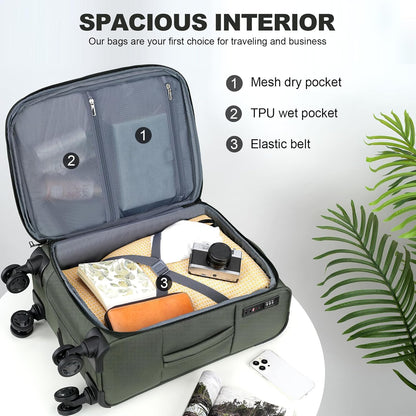 KROSER Softside Expandable Carry On Luggage with Spinner Wheels & Built-in TSA Lock, Durable Suitcase Rolling Luggage with USB Port, Carry-On 20-Inch, Army Green