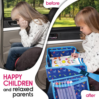 Kids Travel Tray - Waterproof Car Table with No-Drop Large Tablet Holder - Car Seat Tray - Road Trip Must Haves - Lap Desk Kids Organizer for Airplane - Toddler Travel Activities (Blue)