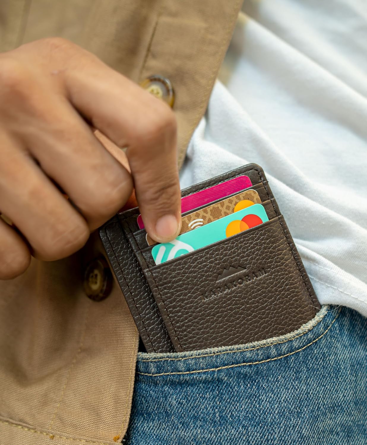 KARAKORAM Vertical Handcrafted Premium Leather Front Pocket Credit Card Holder with RIFD Protection | Artisan Made Slim Leather Wallet | Finger Glide Slots for Cards and ID (Wildwood Espresso)