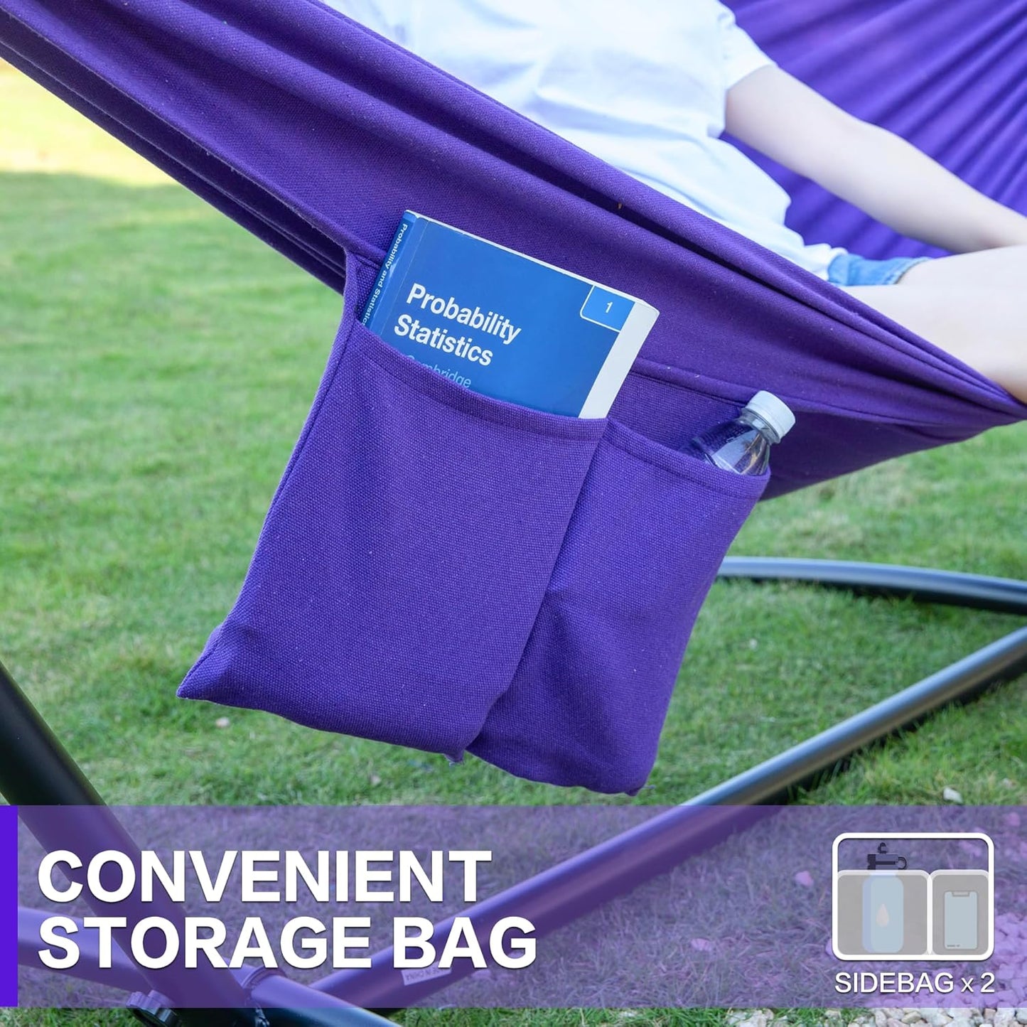 PNAEUT Double Hammocks with Stand for Outside, Portable Space Saving Heavy-Duty Steel Stand for Indoor Outdoor Patio with Carrying Bag, 450 lbs Capacity (Purple)