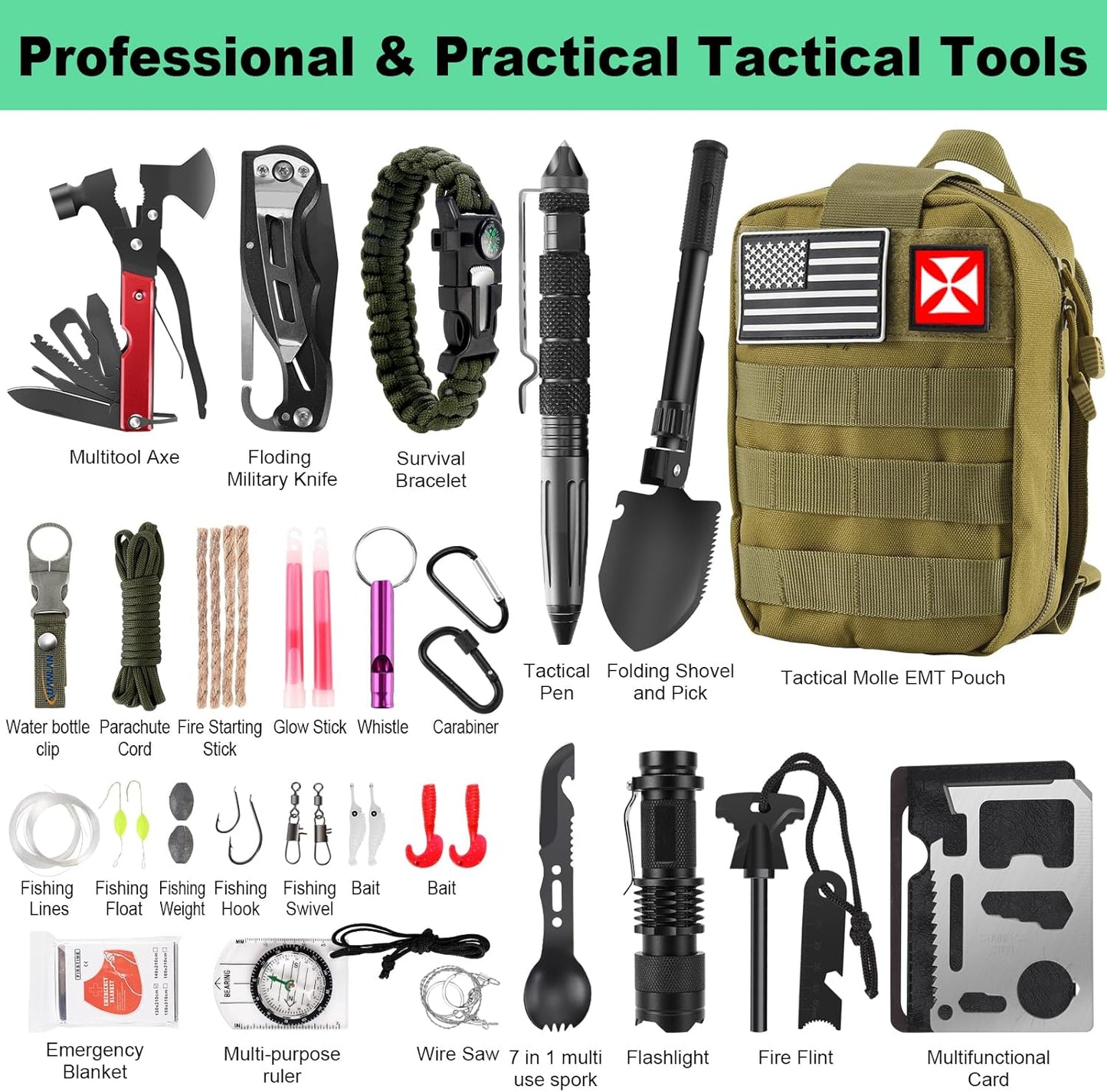 Survival Kit 256 in 1, First Aid Kit Survival Gear Tools Trauma Kit with Molle Pouch for Outdoor, Camping, Hunting, Hiking, Earthquake, Home, Office, Gifts for Men Dad Husband Women