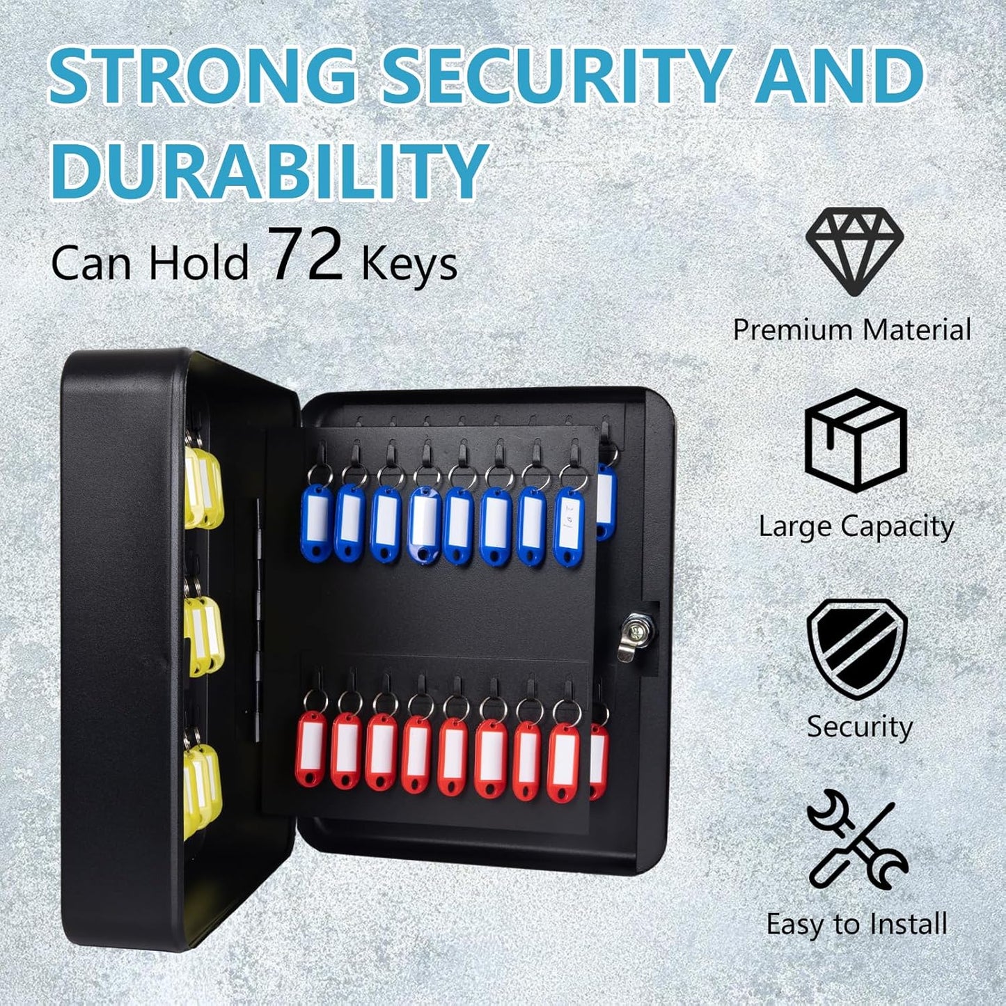 72 Position Key Cabinet with Combination Lock Wall Mount, Black Steel Locking Key Organizer Safe Security Storage Lockbox Holder for Valets, with Colorful Key Tag Labels Stickers and Hooks