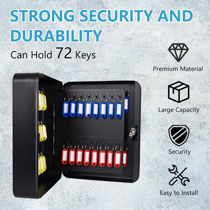72 Position Key Cabinet with Combination Lock Wall Mount, Black Steel Locking Key Organizer Safe Security Storage Lockbox Holder for Valets, with Colorful Key Tag Labels Stickers and Hooks
