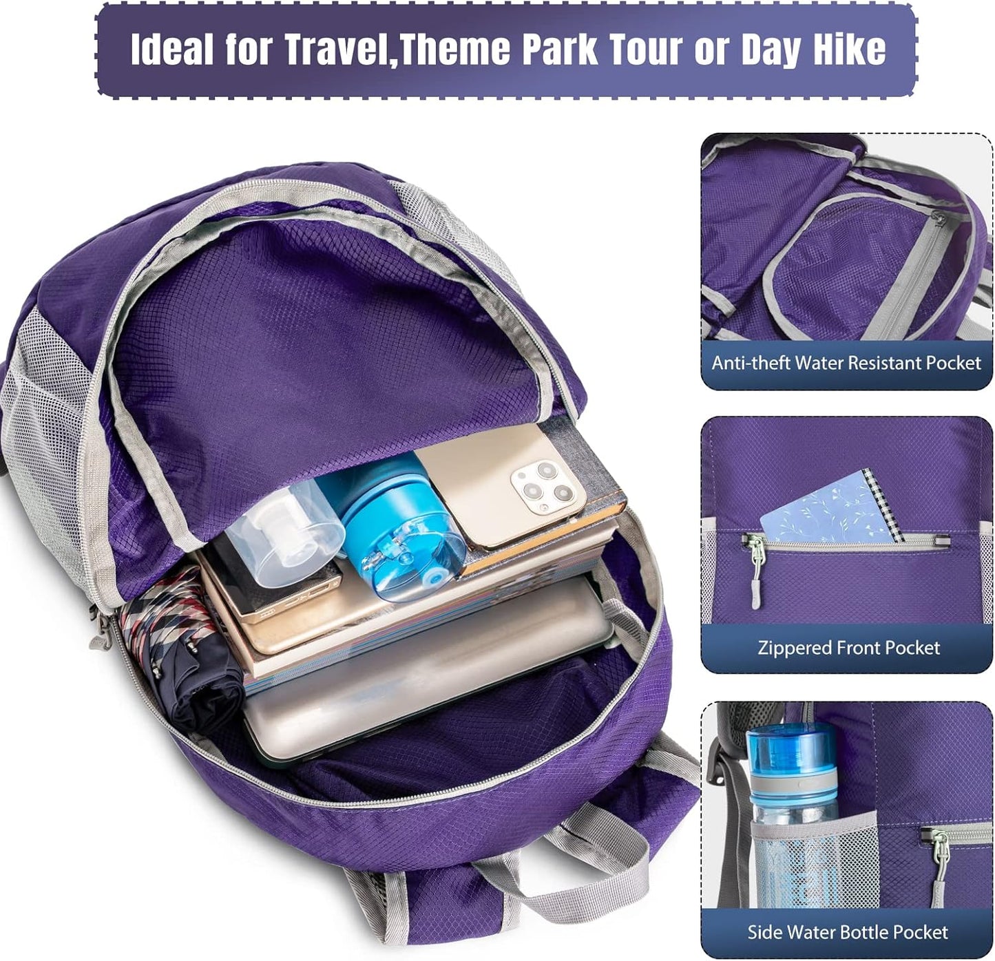 ZOMAKE Ultra Lightweight Hiking Backpack 20L, Packable Small Backpacks Water Resistant Daypack for Women Men(Purple)