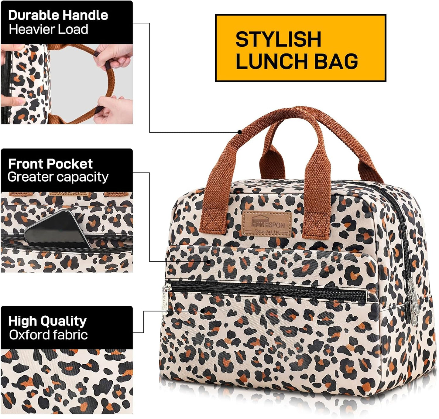 HOMESPON Insulated Lunch Bag for Women Men Lunch Box Cooler Lunch Tote for Work Picnic (Leopard Print)