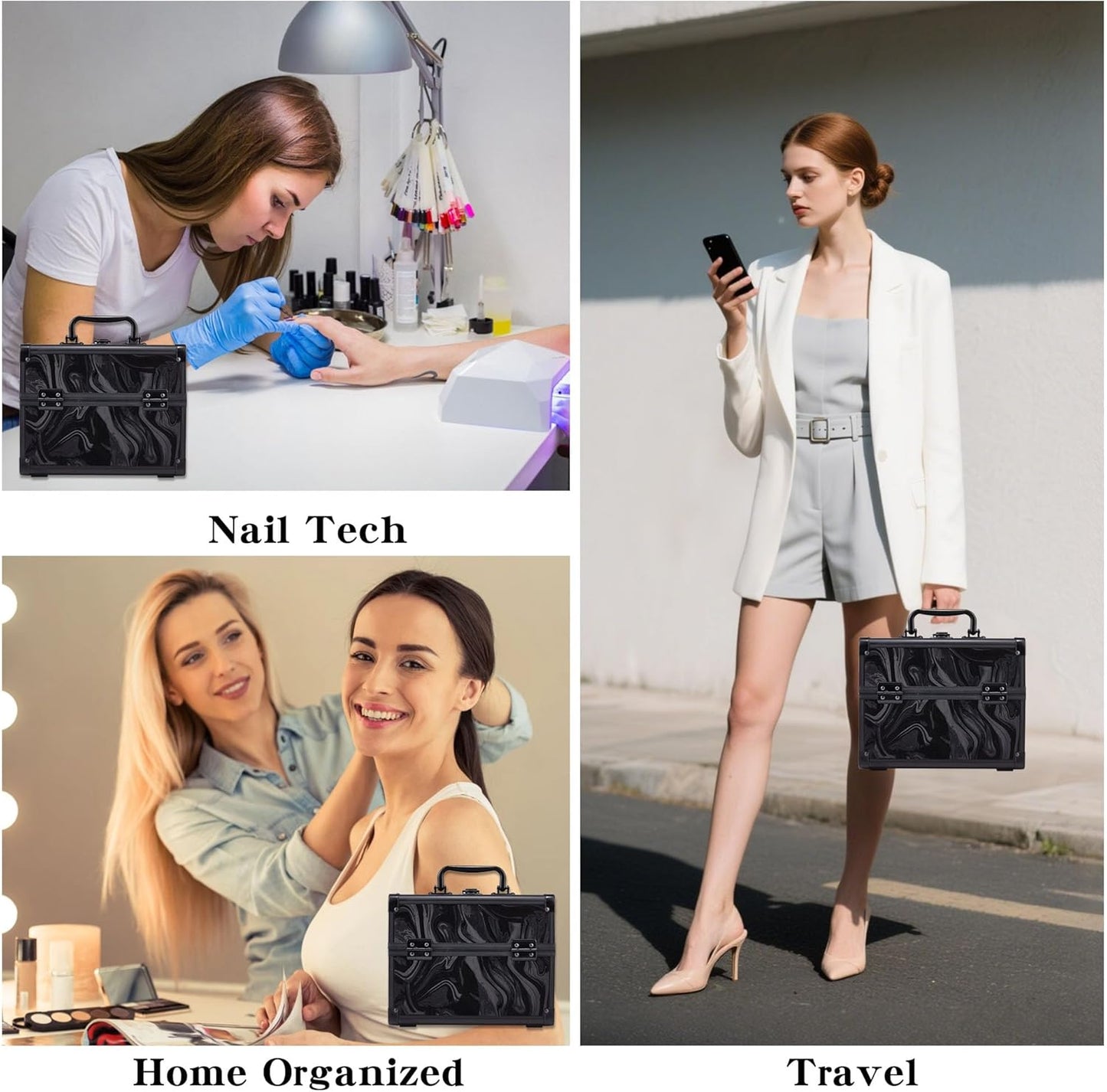 Makeup Train Case, Portable Makeup Case with Mirror, 2-Trays Cosmetic Organizer Case,Nail Polish Organizer, Travel Makeup Box, Profesional for Salon Barber, Pattern Black