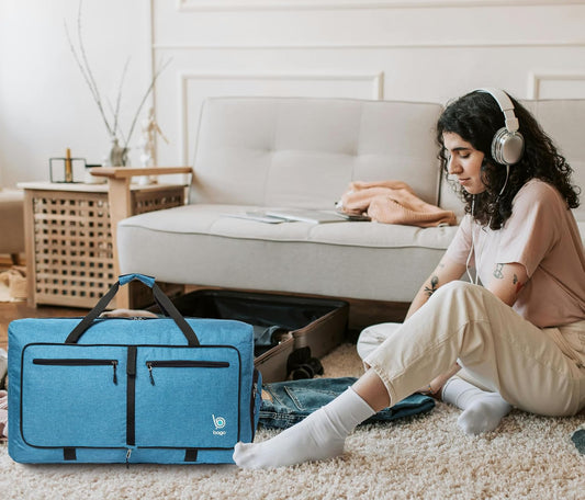 Bago Large Foldable Duffel Bags for Traveling Women & Men - 80L Packable Duffle Bag for Travel with Shoe Compartment - Water Repellant, Heavy Duty, Lightweight Folding & Collapsible (SnowBlue)