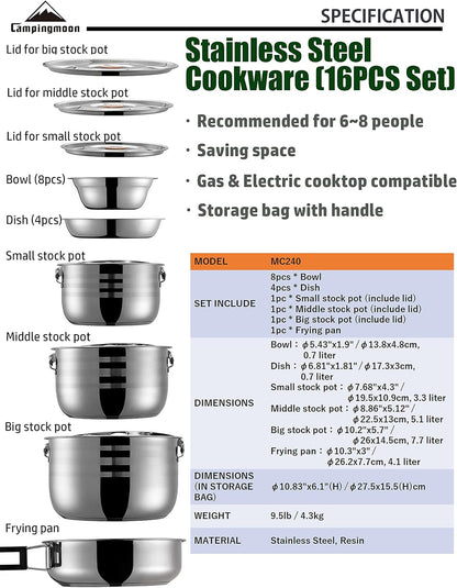 CAMPINGMOON Camping Cookware Set Stainless Steel Outdoor Nesting Cooking Mess Kit Pots Pans Bowls with Storage Carrying Tote Bag