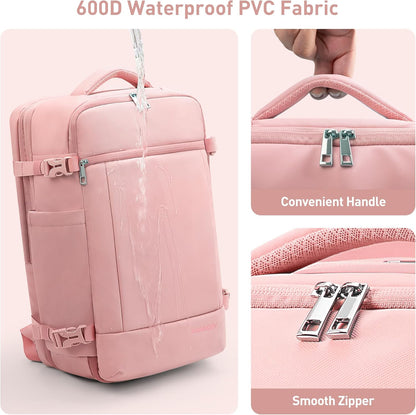SHOWKOO Travel Backpack For Man Women, Airline Approved Carry On Laptop Backpack For Business, 40L Expandable Large Capacity Backpack, Pink
