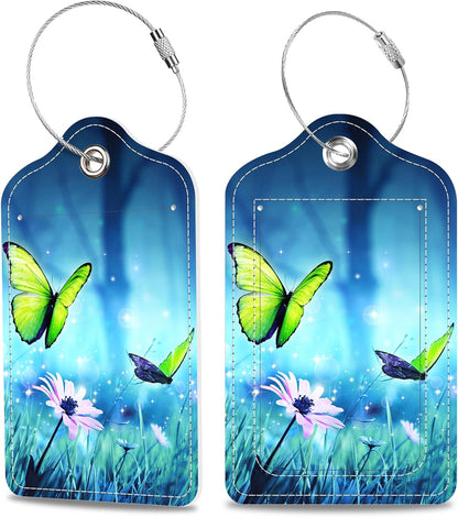 Luggage Tags for Suitcase Butterflies on Daisies in Forest 2 PCS Leather Travel Cruise Luggage Tag with Stainless Steel Loop Name ID Label Privacy Cover for Women Men Travel Bag Labels Set
