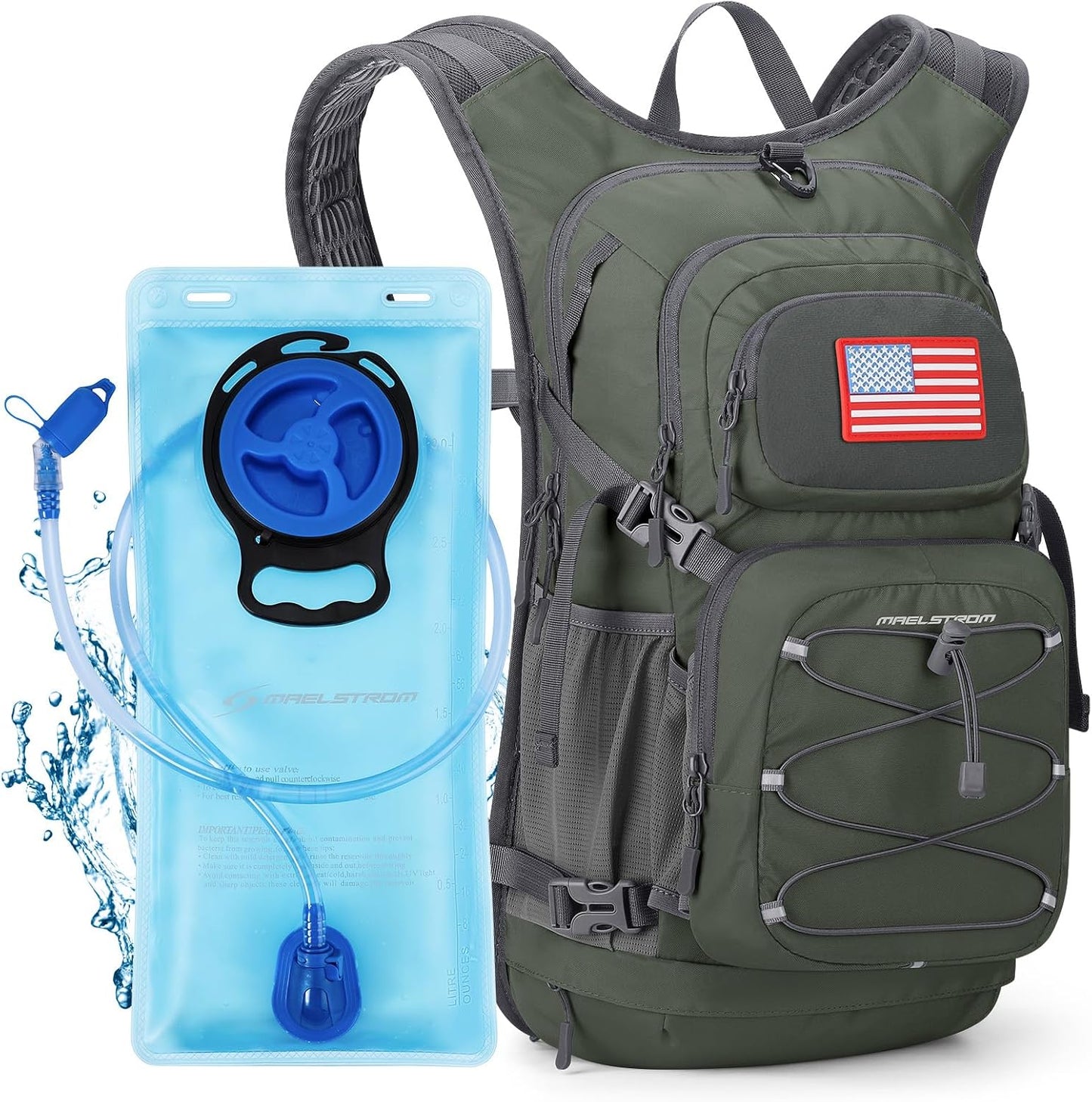 Maelstrom Hydration Hiking Backpack with 2L/3L Water Bladder, High Flow Bite Valve Camping Daypack Lightweight
