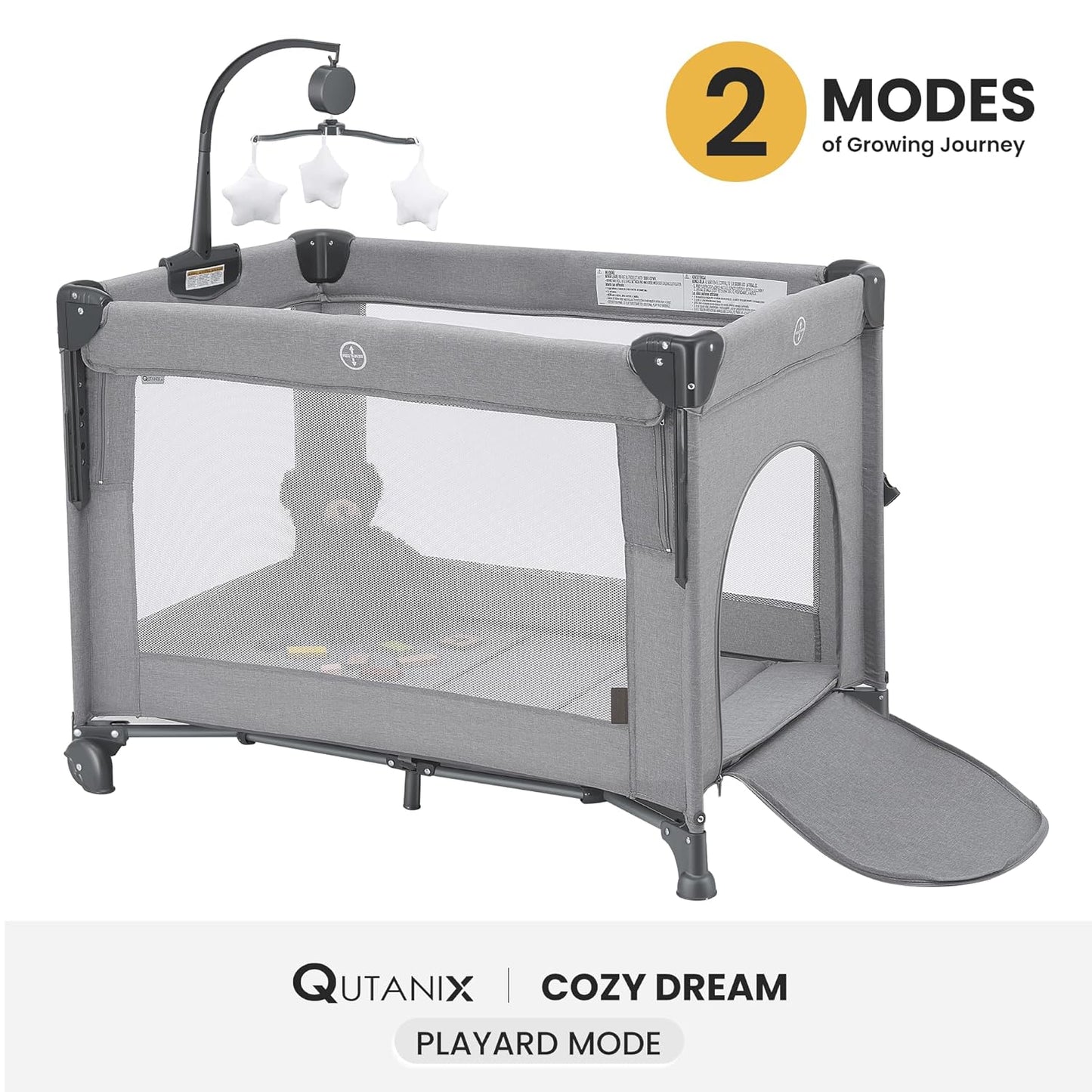 2-in-1 Baby Playard, Pack and Play Bassinet, Easy Folding Portable Crib with Music Mobile for Newborn to Toddlers (Grey)