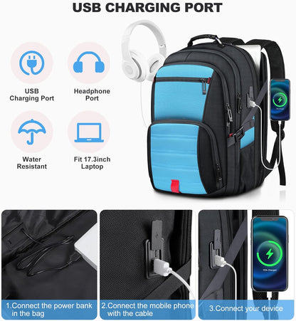 Extra Large Backpack, Travel Laptop Backpack for Men Women, Big Backpack, 50L Water Resistant School Business Work College Computer College Heavy Duty Bag, Fits 17 Inch Laptop, Blue