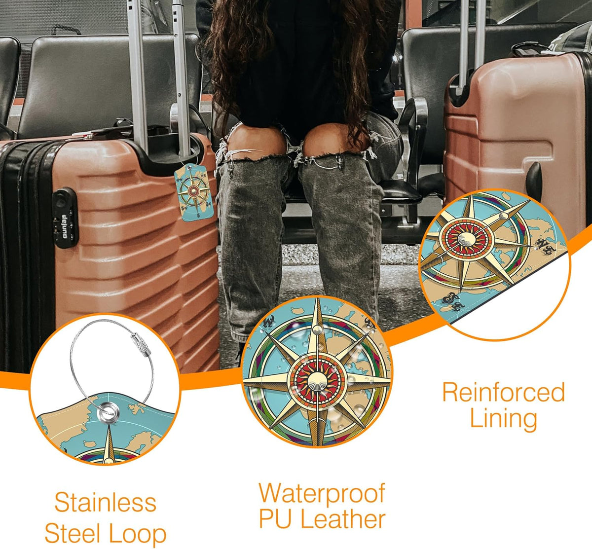Nautical Compass Retro World Map Luggage Tag for Suitcase 2 Pack Leather Luggage Tag with Privacy Flap Name ID Label and Metal Loop for Women Men Travel