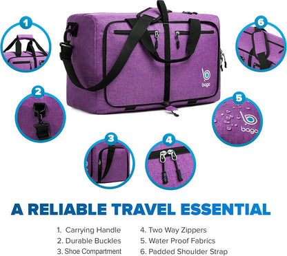 Bago Foldable Duffel Bags for Traveling Women & Men - 40L Sports Packable Duffle Bag for Travel with Shoe Compartment - Water Repellant, Heavy Duty, Lightweight Folding & Collapsible (SnowDepPurple)