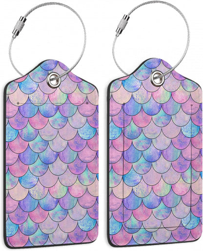 Set of 2 Luggage Tag for Suitcases LeatherMermaid Fish Scale Wave Tags with Stainless Steel Loop Privacy Name ID Card Cover Travel Bag Labels Set for Women Men Kids Girls