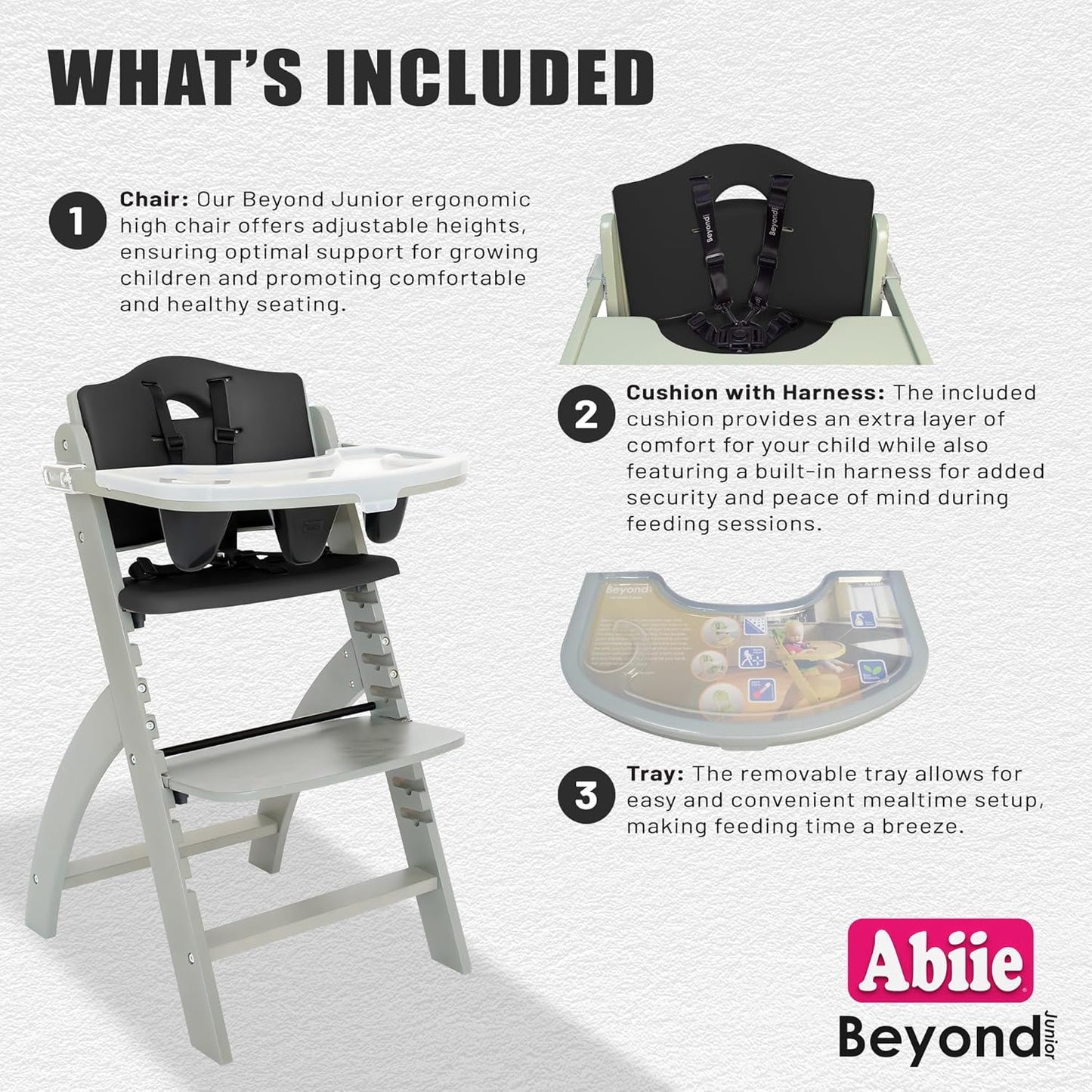 Abiie Beyond Junior Wooden High Chair with Tray - Adjustable and Convertible High Chair for Babies and Toddlers - 6 Months to 250 Lb - Water Resistant - Misty Grey Wood with Black Pearl Cushion