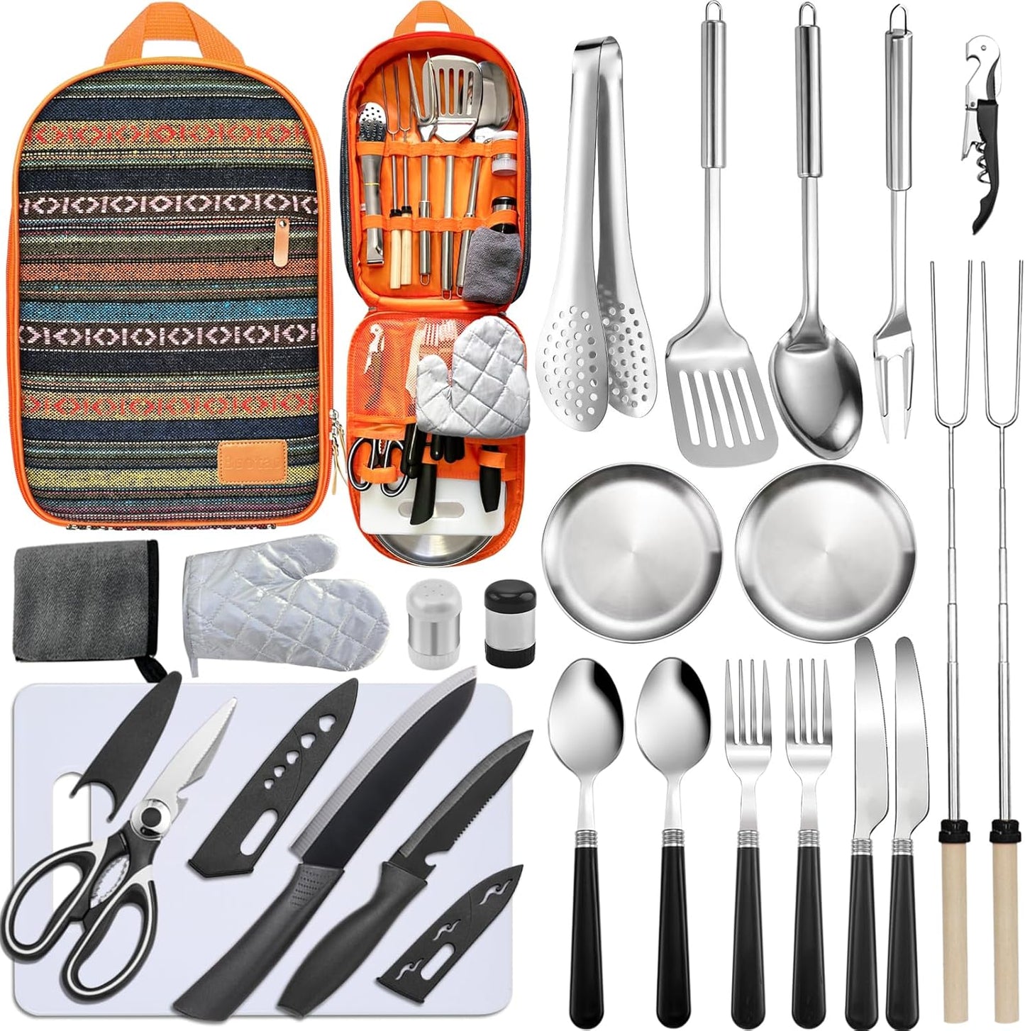 Camping Cooking Utensils Set - Camping Utensil Set Car Camping Cooking Essentials Gear for Camp Kitchen Cooking and Grilling, Stainless Steel & Silicone Ideal Gift for RV Tent Camper
