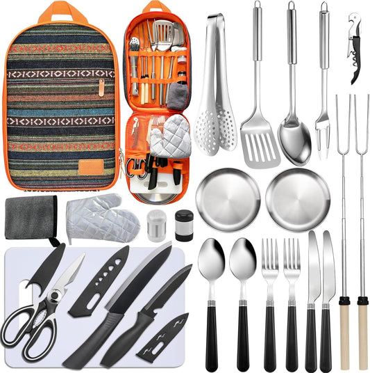 Camping Cooking Utensils Set - Camping Utensil Set Car Camping Cooking Essentials Gear for Camp Kitchen Cooking and Grilling, Stainless Steel & Silicone Ideal Gift for RV Tent Camper