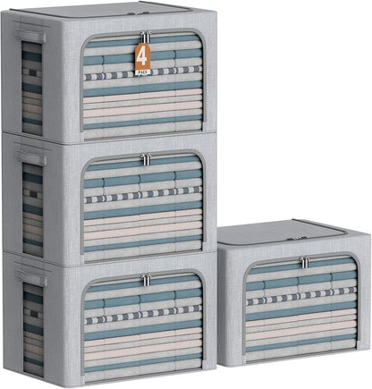 4 Pack Clothes Storage Bins with Metal Frame - Linen Fabric Foldable Stackable Container Organizer Set with Clear Window & Carry Handles & Zippers (Light Grey, 23.6"x16.5"x15.7")