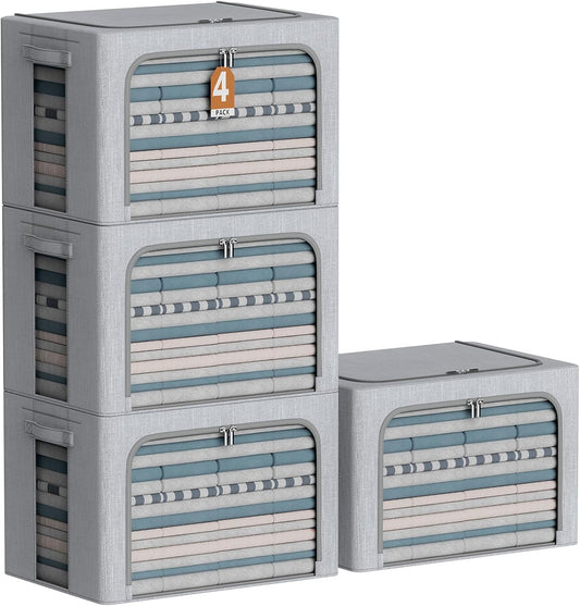 4 Pack Clothes Storage Bins with Metal Frame - Linen Fabric Foldable Stackable Container Organizer Set with Clear Window & Carry Handles & Zippers (Light Grey, 23.6"x16.5"x15.7")