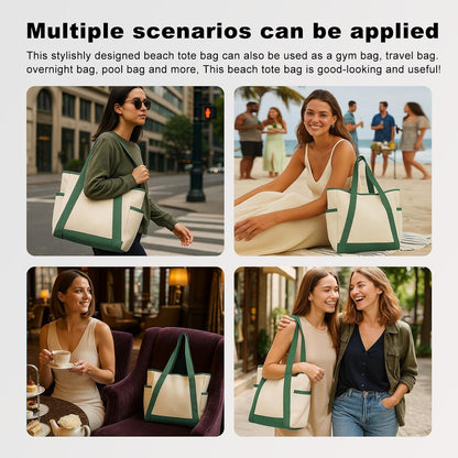 Large Canvas Tote Bag,White and Green, with Laptop Sleeve and Multiple Pockets