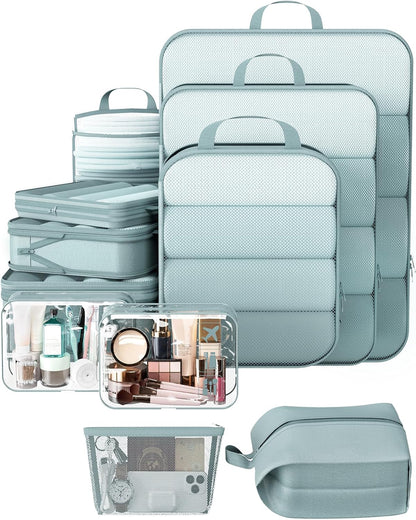 Veken 11 Set Compression Packing Cubes for Travel Essentials,Compressible Expandable Large Luggage Suitcase Organizer Bags for Clothing,Durable Space Saver Storage Bags with Toiletry Bags(Blue Gray)