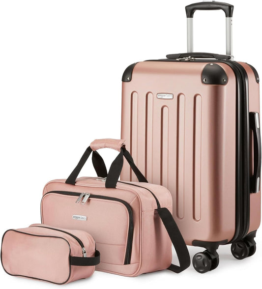 Amazon Basics 3-Piece Luggage Set, Including Carry-On Luggage (22" Expandable Hardside Suitcase With 8 Spinner Wheels), 15" Tote Bag, and 10" Compact Travel Bag, Rose Gold