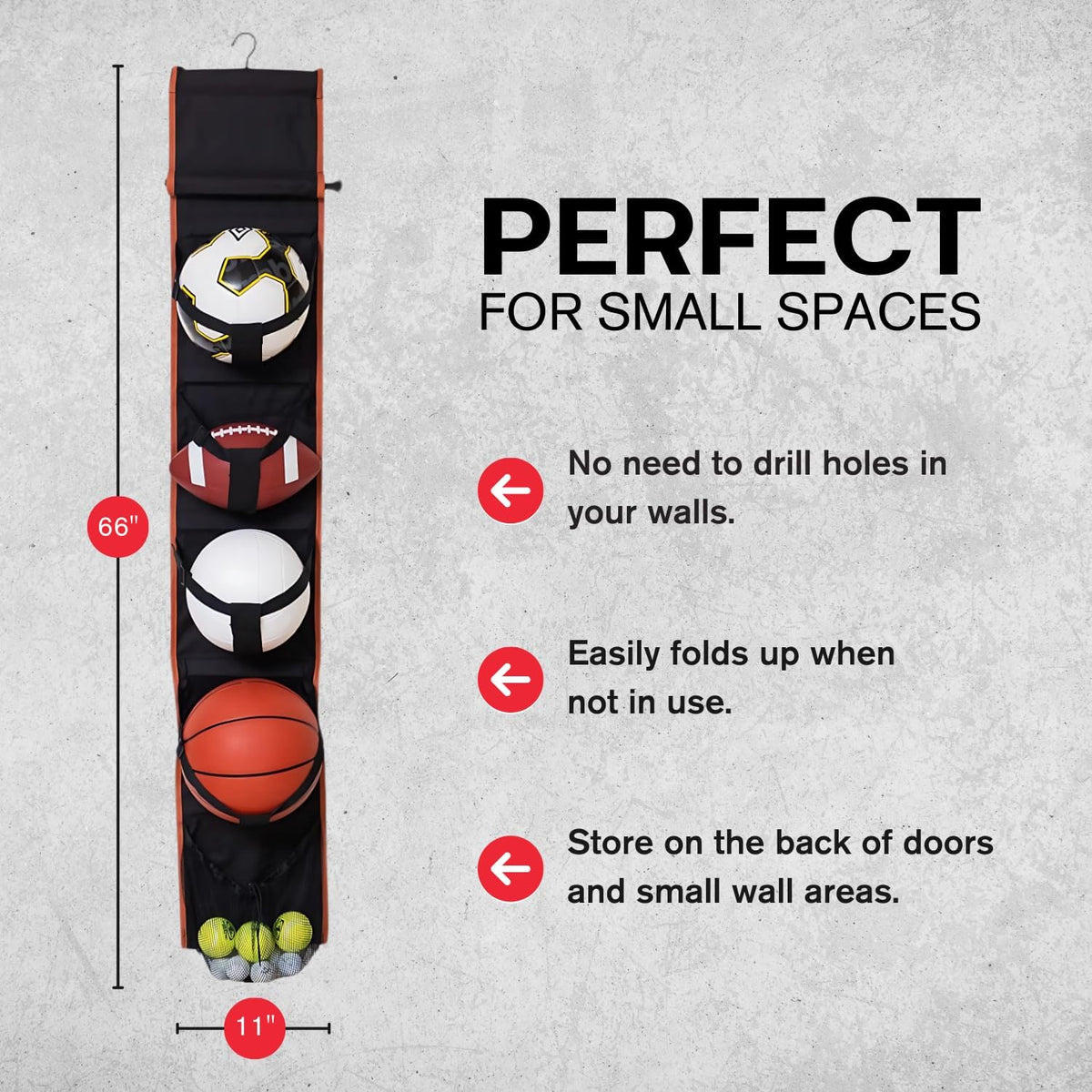 Vintage Hanging Sports Equipment Organizer | Limited Stock | Multi-Purpose Garage Sports Ball Storage | For Basketball Football Volleyball Tennis Soccer Biking | Toy Storage | Includes Hook & Pump
