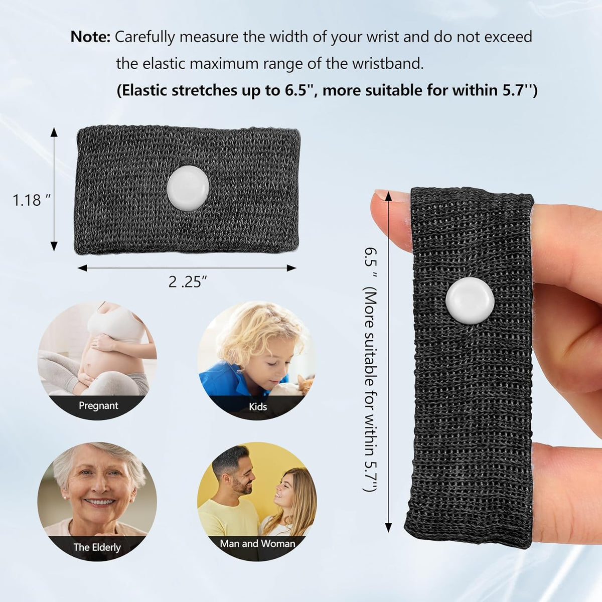 Motion Sickness Wristband, Anti-Nausea Acupressure Wrist Band for Nausea Relief, Dizziness and Vomiting from Car Sea Boat Flying Travel Sickness for Adults and Kids (Black, Large, 2 Pairs)