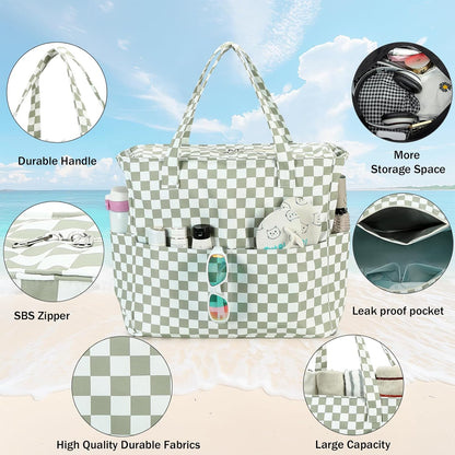 LEDAOU Beach Bag Waterproof Sandproof Women Tote Bag Pool Bag with Zipper for Gym Grocery Travel with Wet Pocket