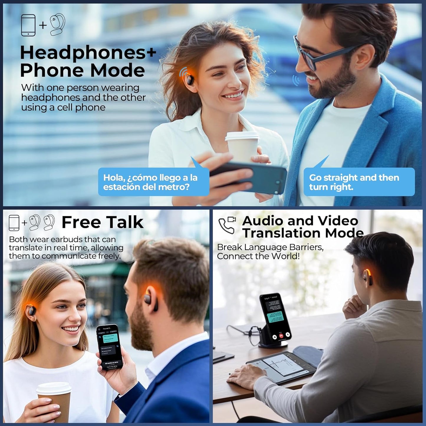 AI Translation Earbuds Real Time 80H Playtime 164 Languages Translator Ear Buds with Glowing Earhook Bluetooth Translating Headphones audifonos traductores inglés español for Travel Business Meeting