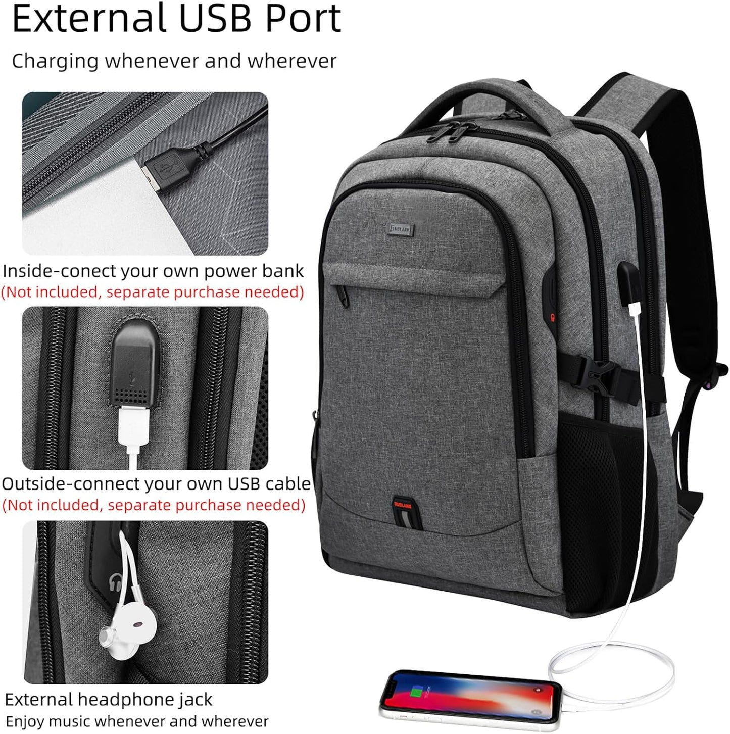 DUSLANG 17 Inch Laptop Backpack for Travel Water Resistant College Backpack for Men/Women Laptop Bag with USB Charging Port and Rain Cover,light grey