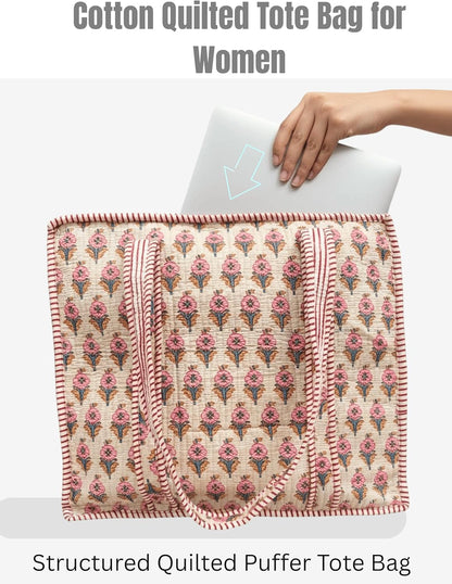Cotton Quilted Tote Bag for Women – Large Beach & Travel Tote with Zipper, Reusable Grocery Bag