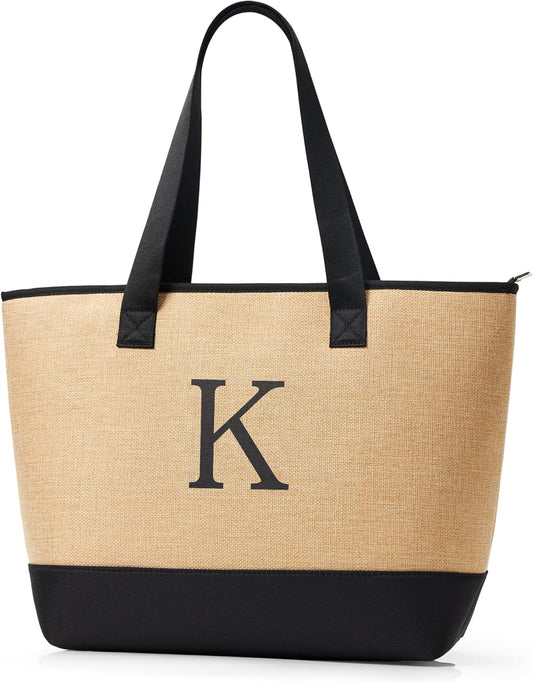 KALIDI Woven Tote Bag for Women, Lightweigh Monogram Beach Bag with Zipper & Sand-Proof Canvas Base, Personalized Gift