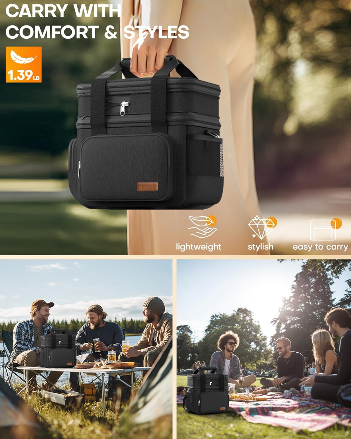 HOTOR Lunch Box for Men and Women - Leak-Proof Insulated Lunch Cooler Bag with Adjustable Strap, Multiple Pockets for Office, Picnic, Hiking, Beach, 2 Layer, 32L, Black, 14.6" x 10.7" x 13.0"