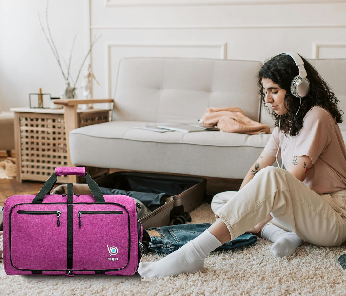 Bago Foldable Duffel Bags for Traveling Women & Men - 40L Sports Packable Duffle Bag for Travel with Shoe Compartment - Water Repellant, Heavy Duty, Lightweight Folding & Collapsible (SnowPink)