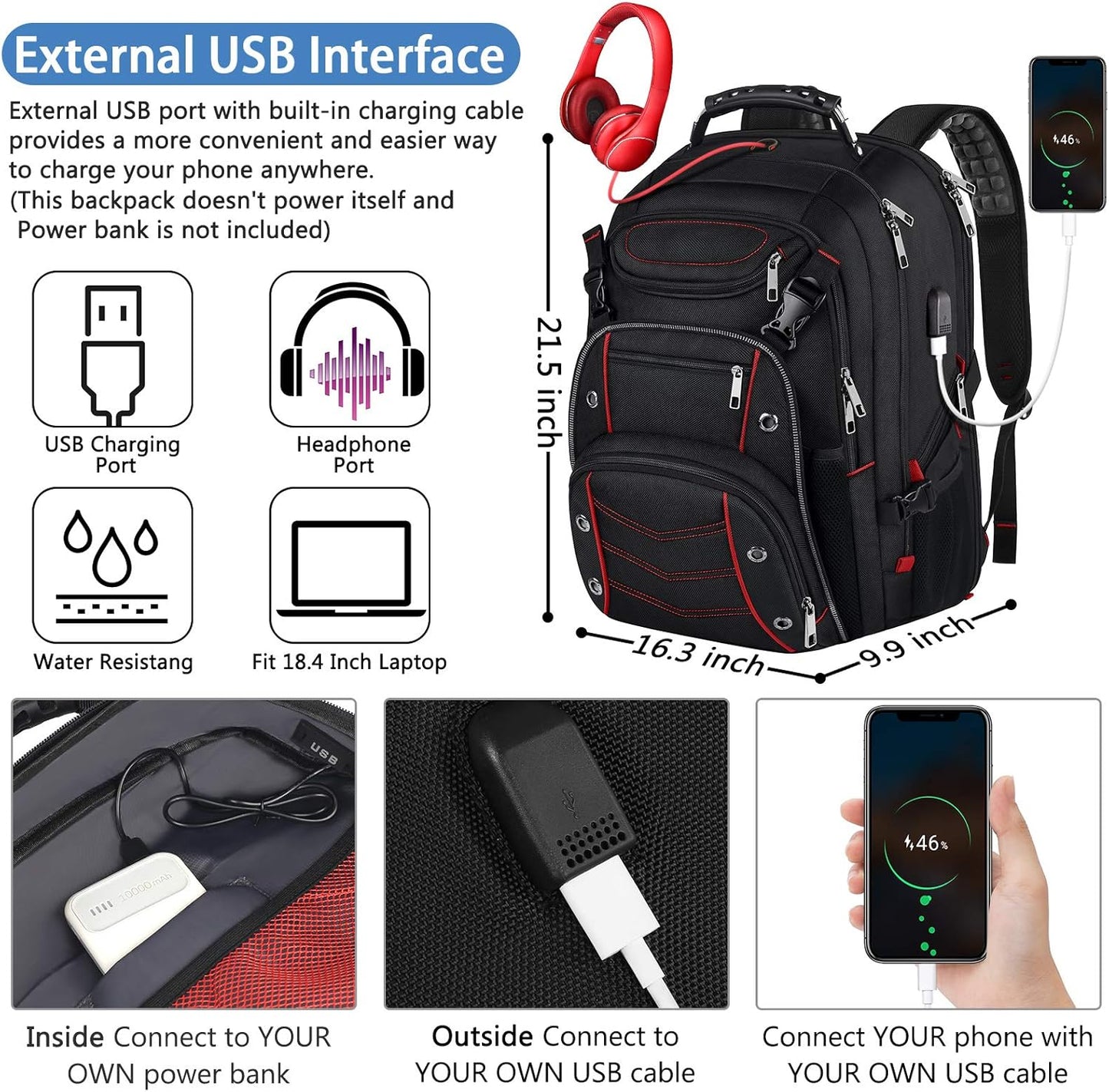 VECKUSON Large 18.4 Inch Laptop Backpack with USB Charger Port, TSA Friendly Flight Approved and RFID Anti-Theft Pocket, Red
