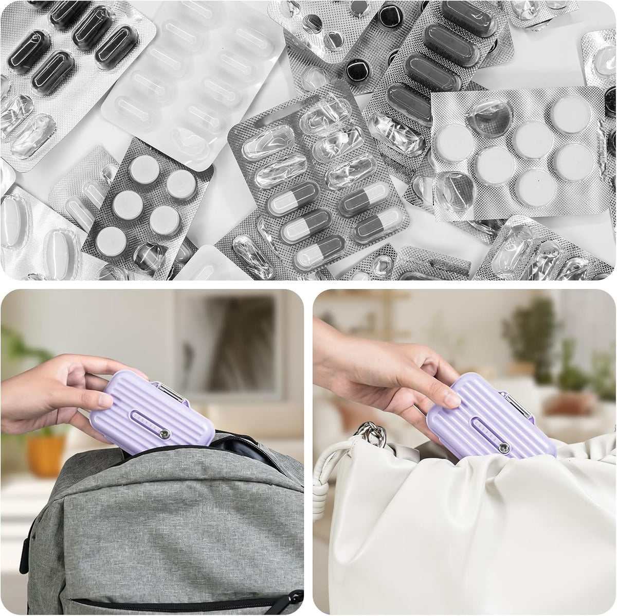 Travel Pill Organizer Box with Medicine Labels, 7 Compartments Portable Pill Case, Daily Medication Organizer Storage Pill Container for Pocket Pharmacy(Purple, L)