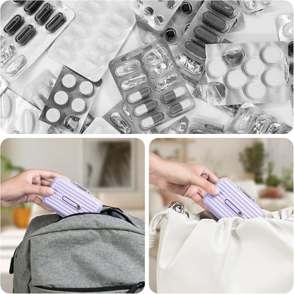 Travel Pill Organizer Box with Medicine Labels, 7 Compartments Portable Pill Case, Daily Medication Organizer Storage Pill Container for Pocket Pharmacy(Purple, L)