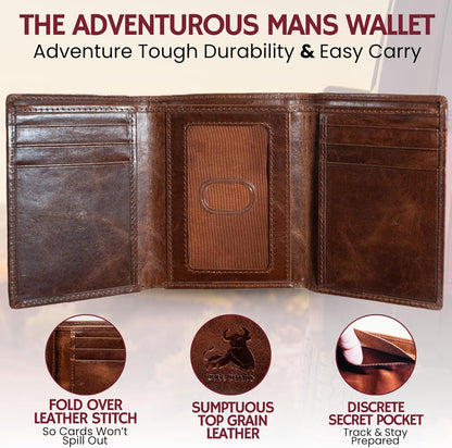 BULL GUARD Best Leather Men's RFID Trifold Wallet With ID Great Outdoor Wallet