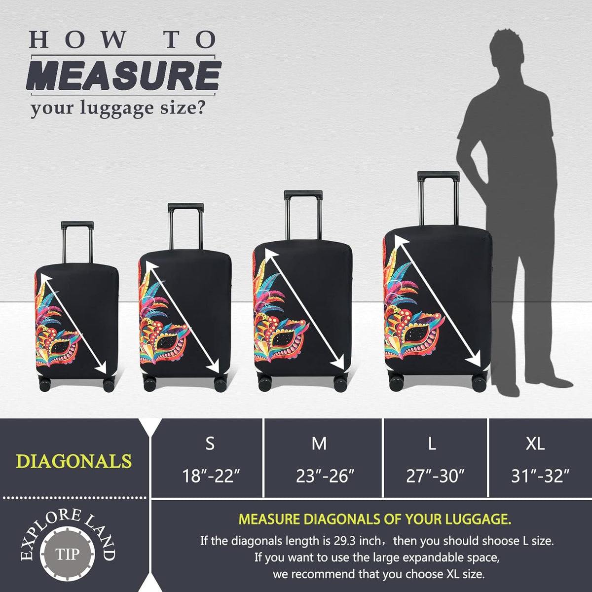Explore Land Travel Luggage Cover Suitcase Protector Fits 23-26 Inch Case (Carnival, M)