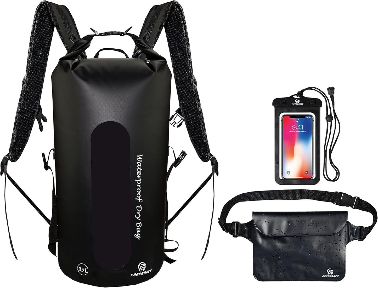 Freegrace Waterproof Dry Bags Set of 3 - Dry Bag with 2 Zip Lock Seals, Waist Pouch & Phone Case - Can Be Submerged Into Water for Swimming, Kayak, Rafting & Boating (Window, Black, 35L)