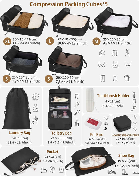 Compression Packing Cubes 12 Set, Suitcase Organizers, Extendable Packing Cubes, Black